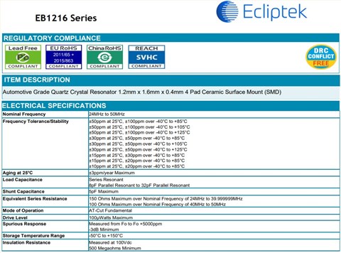 EB1216JA10-24.000M TR,Ecliptek超小型晶振,1612mm,智能手機晶振